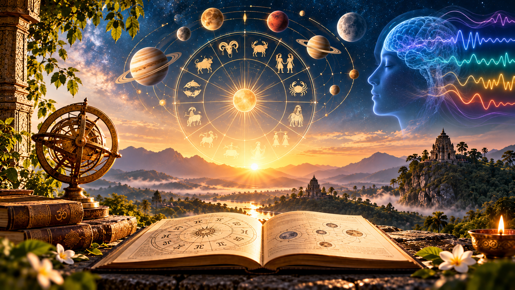 An open manuscript under the night sky.